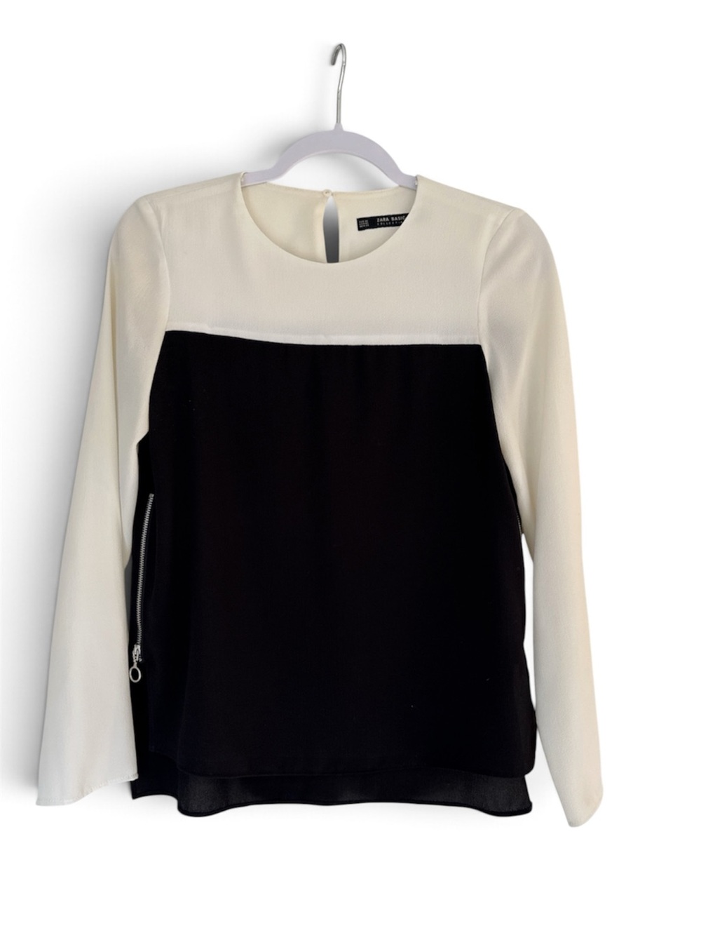 ZARA Black & White Colourblock Long-Sleeve Blouse - XS
